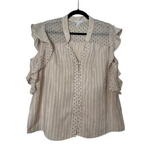 Tribal Jeans Sheer Ruffle Sleeve Blouse Beige Dot Stripe Women’s Size Large